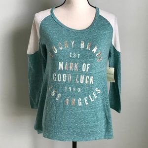 New Lucky Brand Teal Ivory Baseball 3/4 Sleeve Top